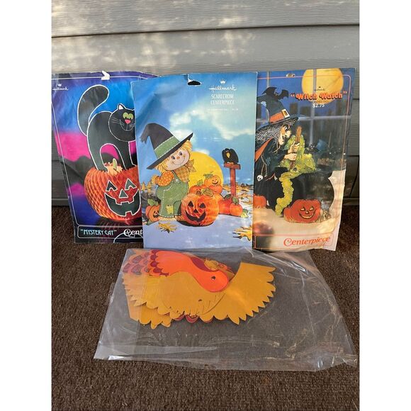 Vintage Hallmark Honeycomb Centerpiece Lot CAT WITCH SCARECROW TURKEY - Picture 3 of 11